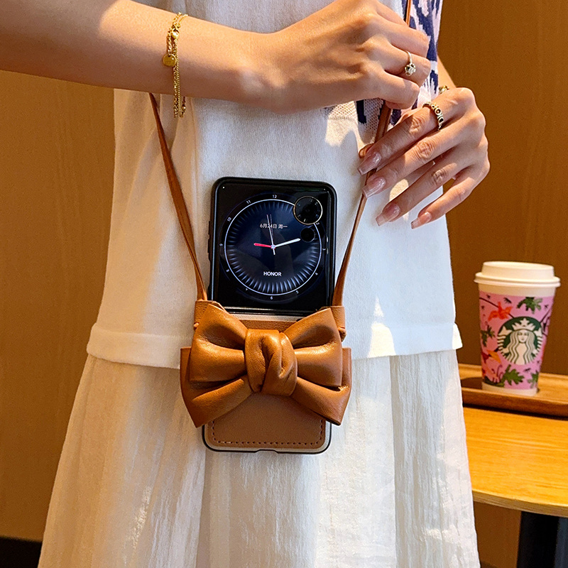 适用于小米MIXFlip2手机壳时尚棕色蝴蝶结背带小米mixflip2全包防摔折叠保护套创意卡包斜挎式