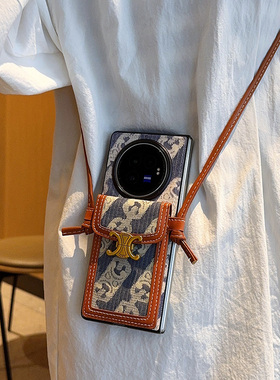 适用于vivoXFold3手机壳复古风潮牌蓝色创意一体卡包vivoxfold3pro全包折叠防摔斜挎挂绳女XFold3帆布保护套