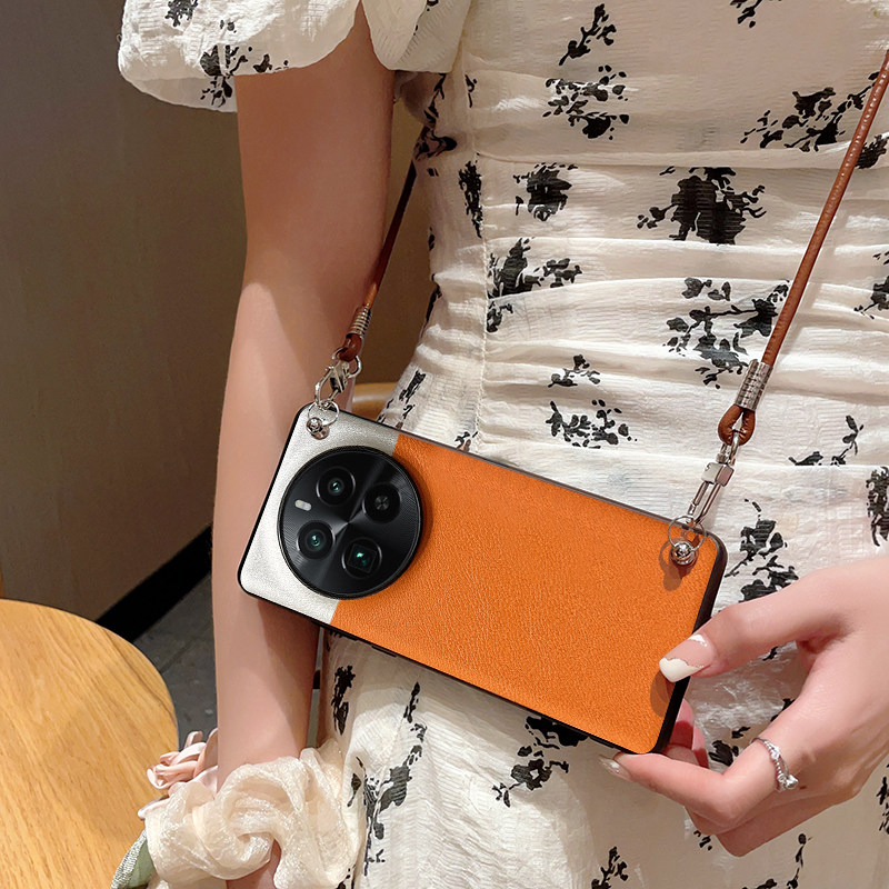 适用于真我GT5Pro手机壳新款简约时尚双拼色外壳realme真我gt5pro创意便捷斜挎挂绳GT5Pro全包防摔皮纹保护套