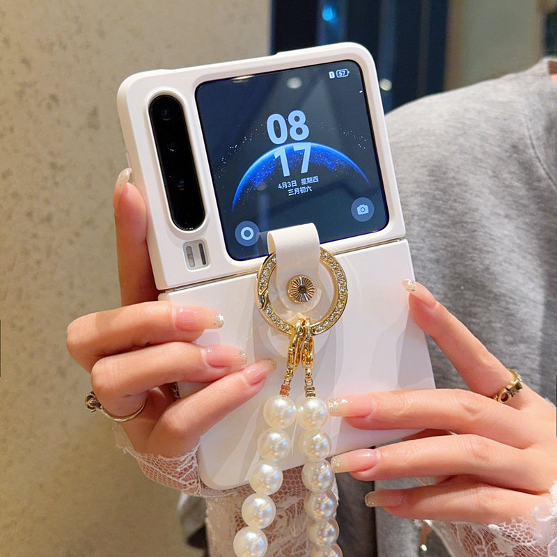 适用于华为PuraX手机壳创意肤感白闪钻指环扣华为PuraX典藏版手提细珍珠手链女款新款全包防摔皮纹硬壳