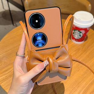 适用于华为Pocket2手机壳创意新款高级感棕蝴蝶结一体卡包华为pocket2全包防摔折叠保护套便捷斜挎挂绳女款