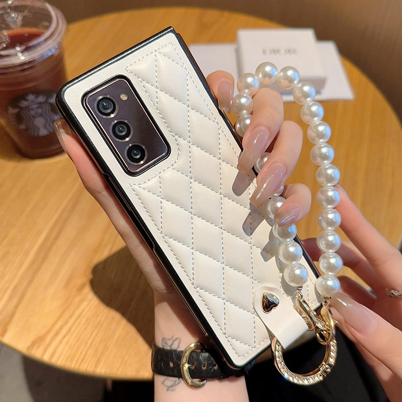 适用于三星GalaxyZFold2手机壳奢华创意新款ZFold3折叠屏保护套珍珠手链女款菱格小香风ZFold4皮纹壳简约防摔