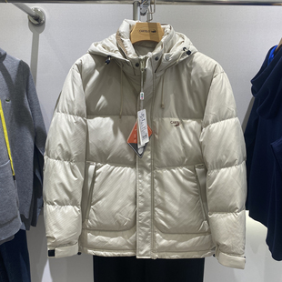 卡帝乐鳄鱼男士连帽羽绒服白色拉链保暖外套2024年新款白鸭绒时尚