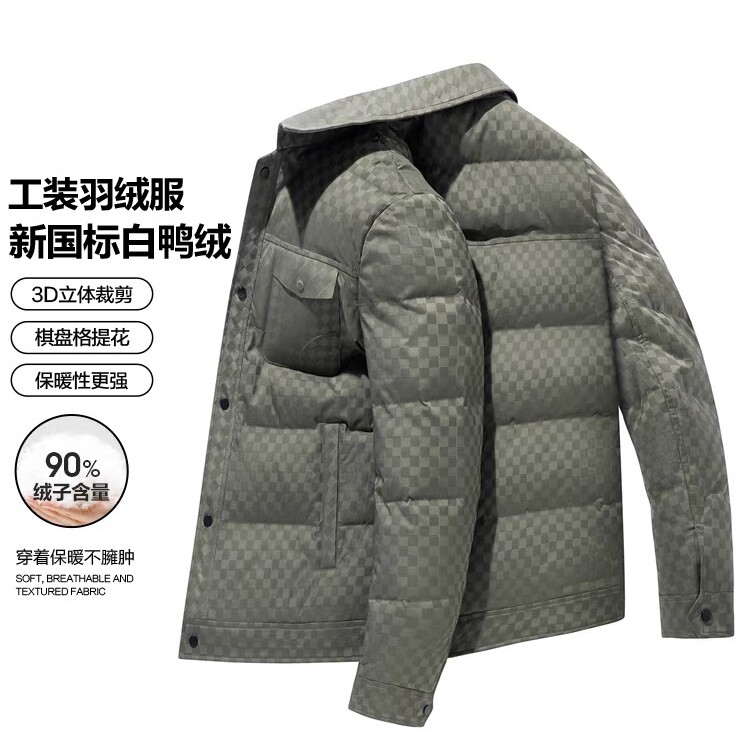 鳄鱼男士翻领羽绒服中年格纹