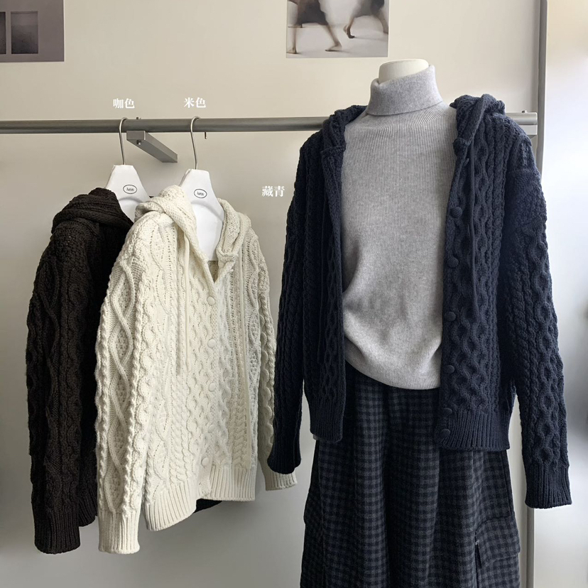 Aurora-慵懒麻花连帽开衫保暖毛衣1962