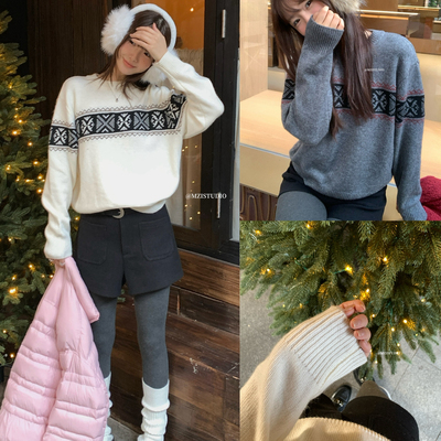 MZI STUDIO-色调菱形提花松弛不臃肿保暖毛衣（含10浣熊毛）25197