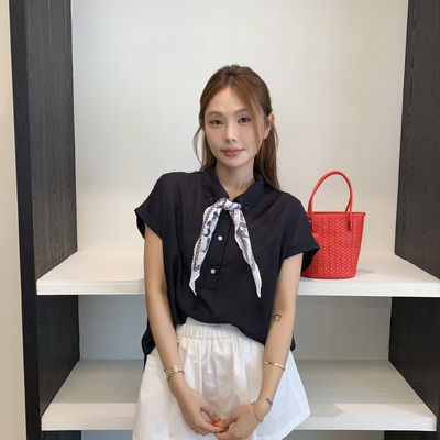 MZI-翻领小飞袖知性优雅上衣气质百搭宽松时尚小衫(配丝巾)157019