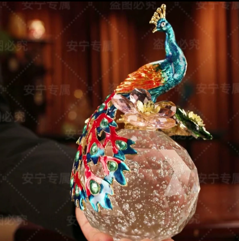 孔雀水晶球家饰珐琅彩工艺品富贵摆件家居装饰酒柜摆设乔迁礼品