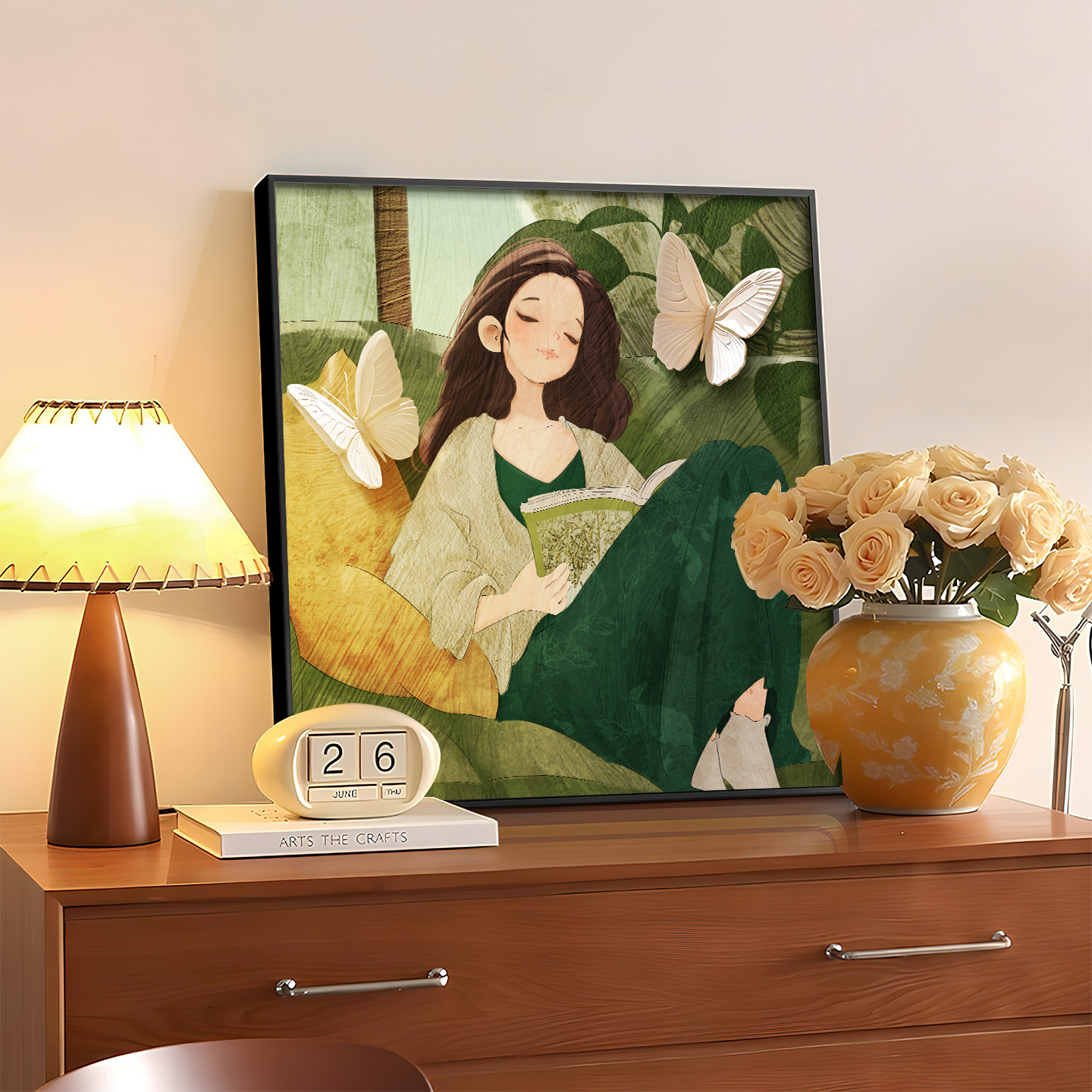 中古风看书女孩绿色墙壁装饰画