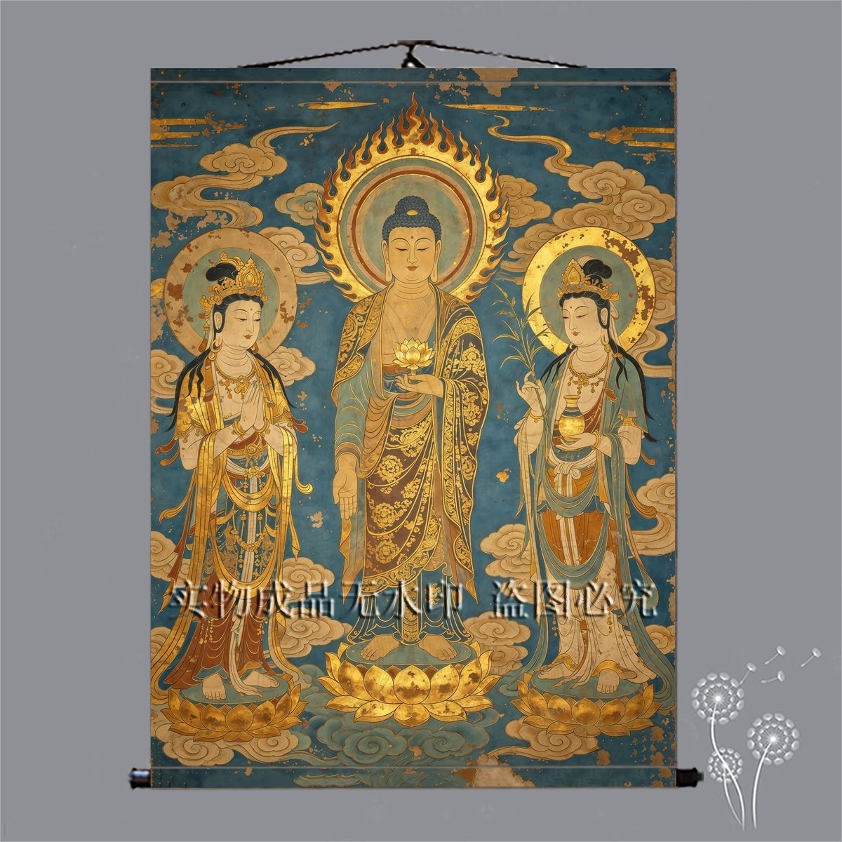 西方三圣挂画画像阿弥陀佛观音菩萨佛像佛堂供奉客厅中堂绢布卷轴
