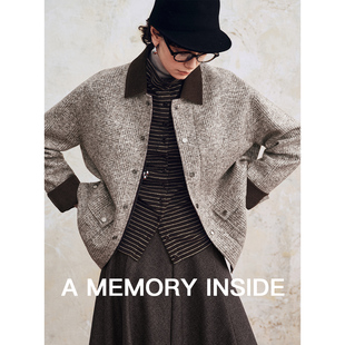 A Memory Inside意大利进口格子毛呢 灯芯绒翻领复古夹克外套女