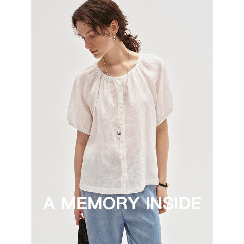 21支亚麻撞色三角针短袖衬衫女