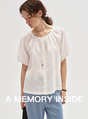 A Memory Inside21支亚麻 撞色三角针短袖衬衫女落肩袖压褶上衣