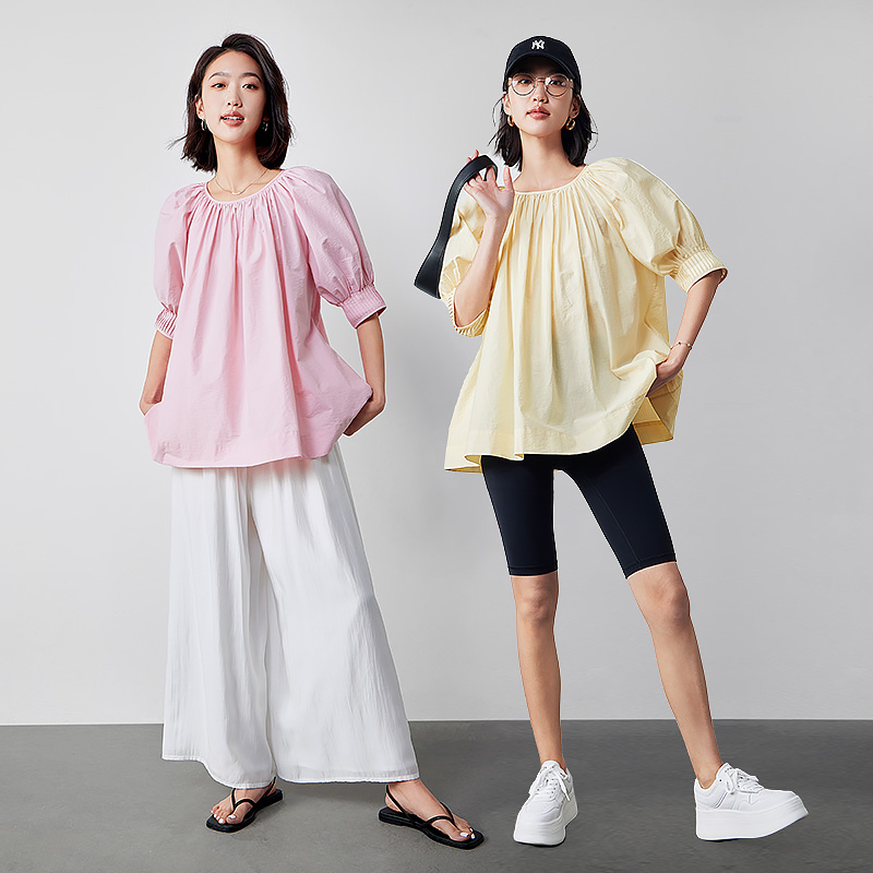 匹马棉褶皱圆领上衣女