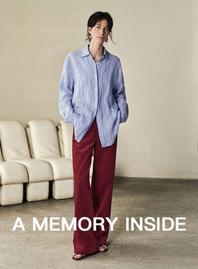 A Memory Inside高端100%亚麻蓝白竖条纹休闲衬衫女2025新款上衣