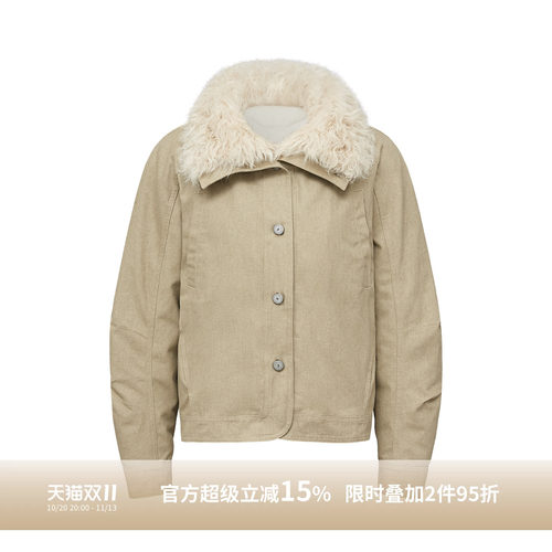 A Memory Inside冬季复古可拆卸羊毛皮领落肩短款白鹅绒羽绒服女