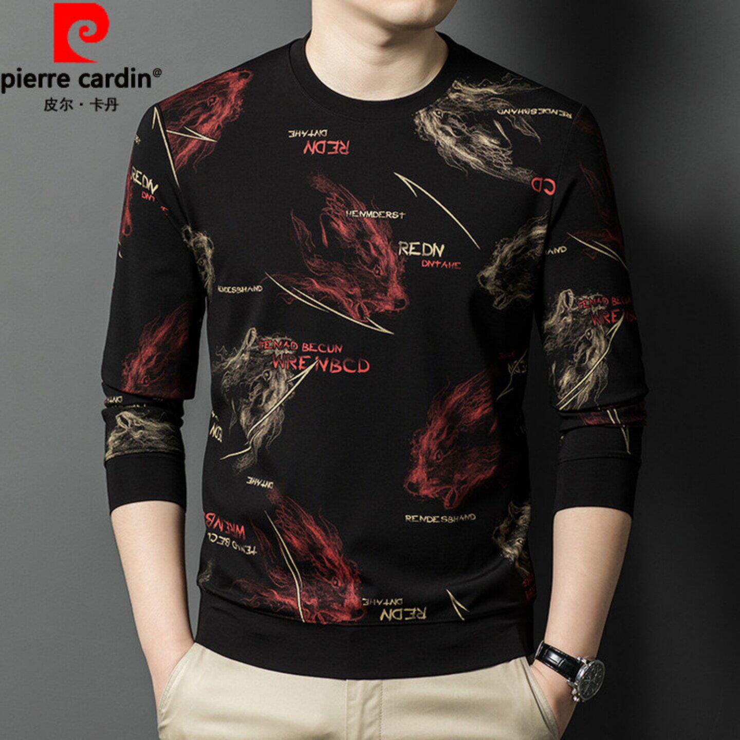 皮尔卡丹2026春季新款男士圆领卫衣高端时尚印花纯棉打底长袖T恤