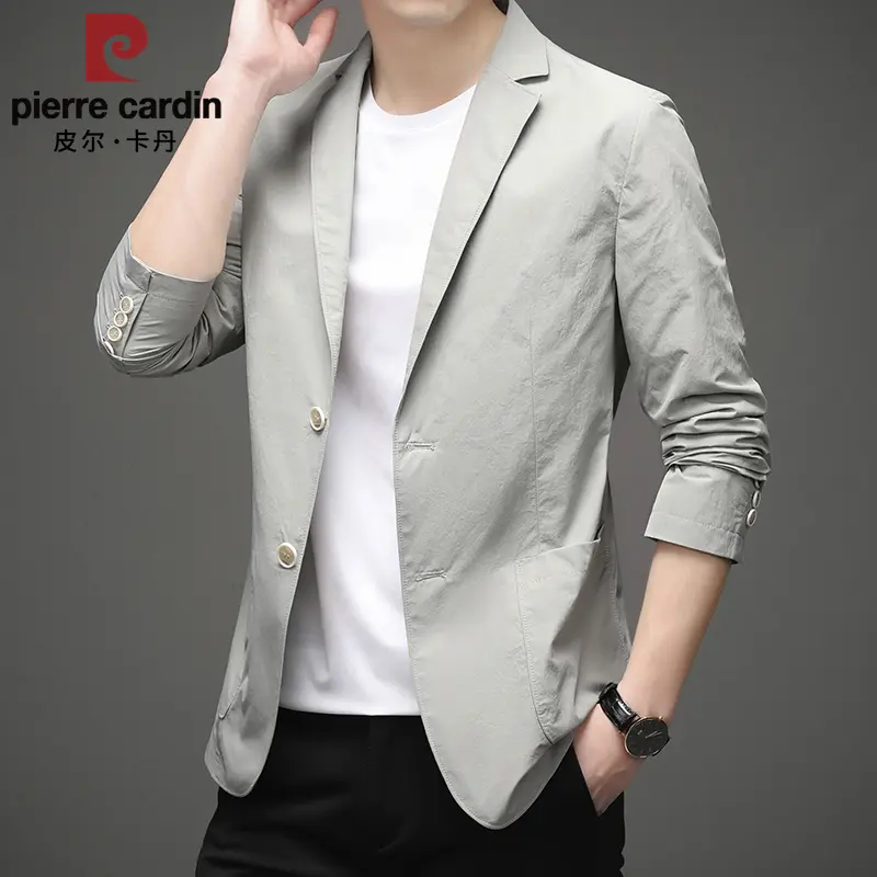皮尔卡丹春季新款商务休闲西服薄款棉质修身西装纯色潮流单西外套