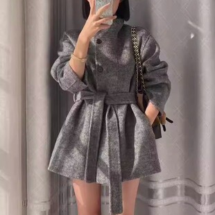 韩系立领单排扣双面羊绒大衣女秋冬新款慵懒风系带短羊毛呢子大衣