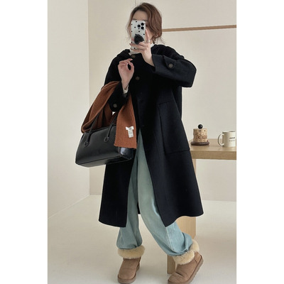 连帽单排扣加厚双面羊绒大衣女秋冬新款中长款宽松显瘦羊毛呢外套