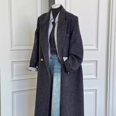 秋冬新款双面羊绒大衣女中长款高级感正肩西装领宽松版羊毛呢外套