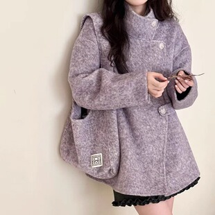 小个子短款鱼鳞纹新款羊毛大衣韩系立领包包宽松显瘦气质毛呢外套