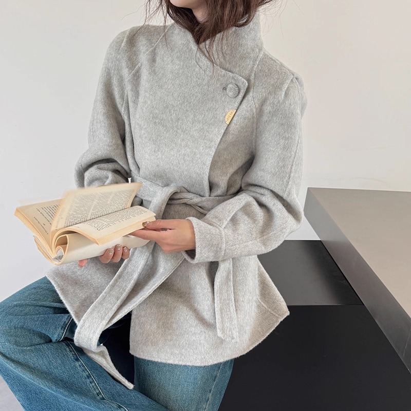 立领双面呢羊毛大衣短款