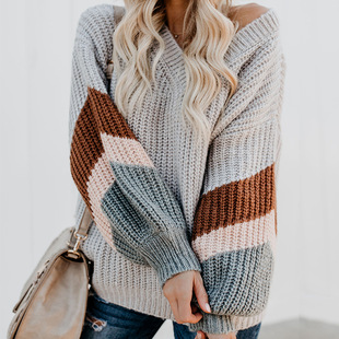 Neck Sleeve Lantern SweaterV领条纹拼色毛衣 Stripe Contrast