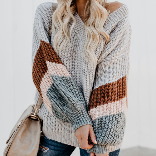 V-Neck Lantern Sleeve Stripe Contrast SweaterV领条纹拼色毛衣