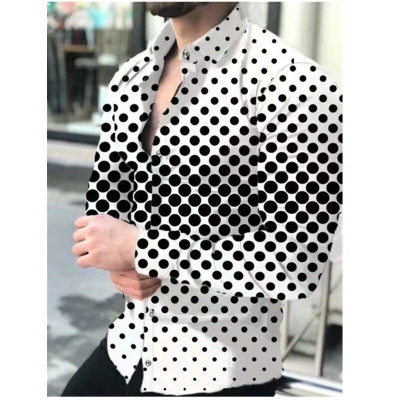 男士欧美风圆点印花翻领长袖衬衫 Polka dot printed lapel shirt