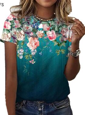 Fashion Casual Plus Size 3D Rose Printing T-shirt休闲印花T恤