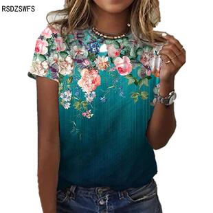 Fashion Casual Plus Size 3D Rose Printing T-shirt休闲印花T恤