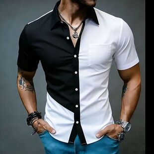 拼色翻领短袖衬衫男Color blocked collared short sleeved shirt