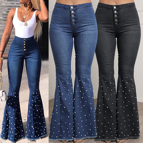 Stretch Casual Beaded Flare Pants弹力休闲串珠喇叭牛仔长裤女