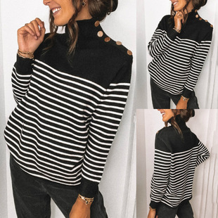 Women's striped turtleneck sweater  女士条纹长袖拼接高领毛衣
