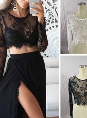 Women's mesh long-sleeved short lace top网纱长袖短款蕾丝上衣
