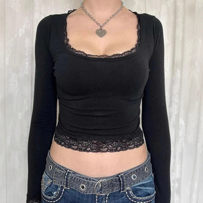 U-neck lace bow spliced top for womenU领蕾丝蝴蝶结拼接上衣女