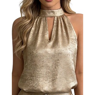 背心上衣女Satin vest neck sleeveless top hanging 缎面挂脖无袖