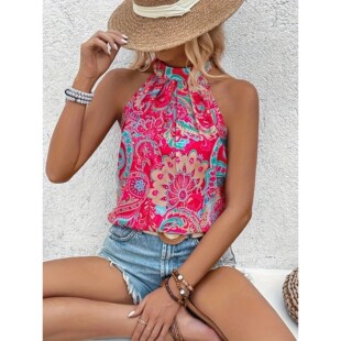 挂脖印花衬衣女Sleeveless print hanging floral shirt neck 无袖