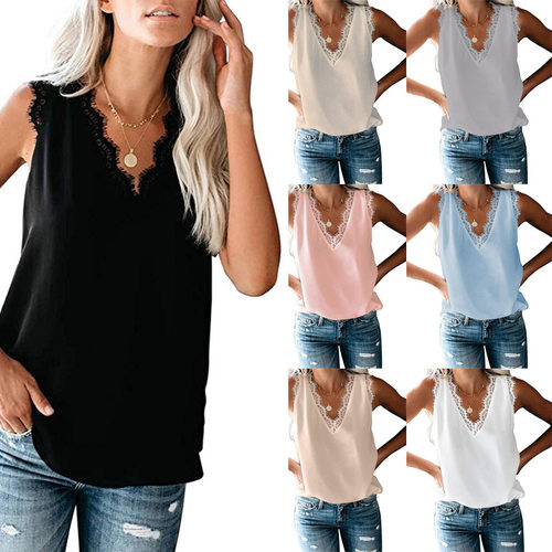 Solid Lace Chiffon Sleeveless Blouse  纯色蕾丝雪纺无袖女上衣