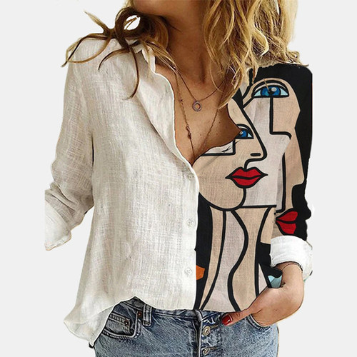 2022 Spring Lapel Button Casual Top Lady Linen T-Shirts 衬衣