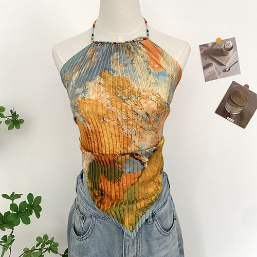 Solid color neck hanging short vest for women 挂脖短款吊带女