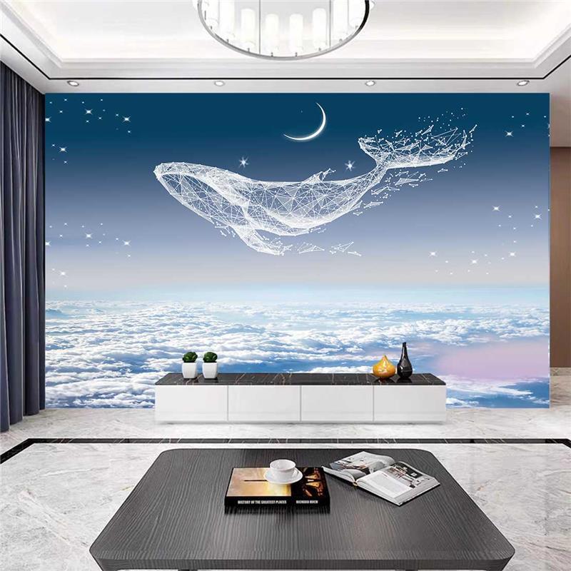 3D立体线条手绘鲸鱼墙纸客厅电视背景墙壁纸卧室抽象装饰壁画墙布图片