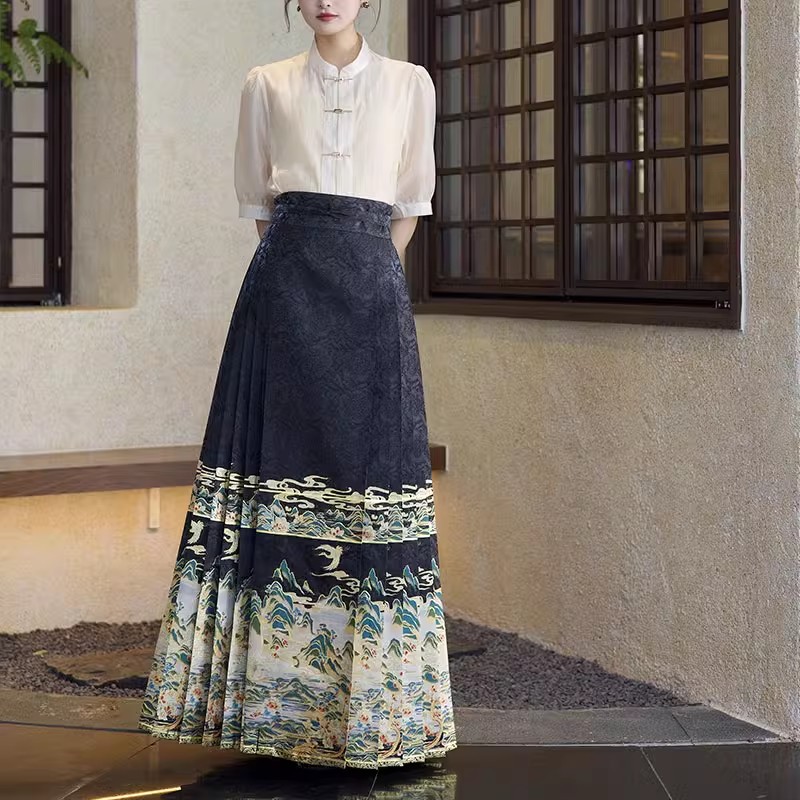 (折扣价)云纱翠影明制六对褶仿妆花马面裙立领衫套装对襟衫