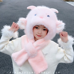 儿童冬季加绒加厚防风帽男女童宝宝保暖帽女孩可爱帽子围巾一体帽