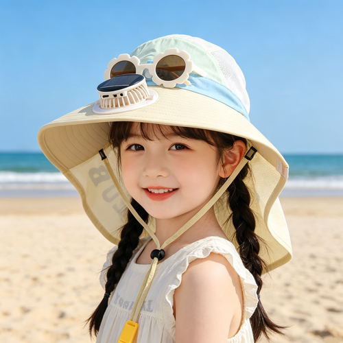 女童夏季太阳能风扇大檐防晒帽