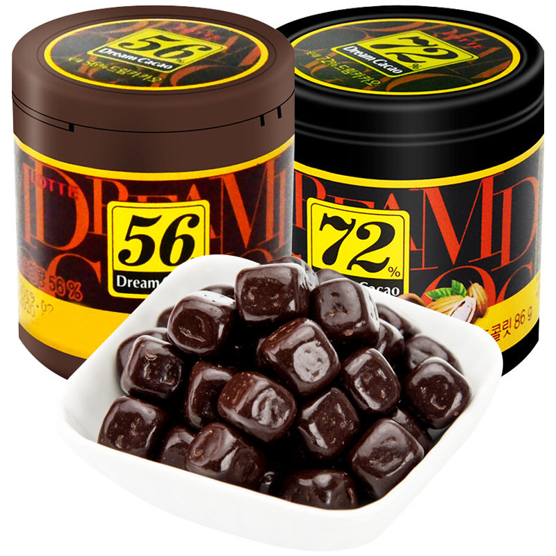 乐天韩国进口黑巧克力56%/72%/82%/巧克力豆休闲零食黑巧罐装零食