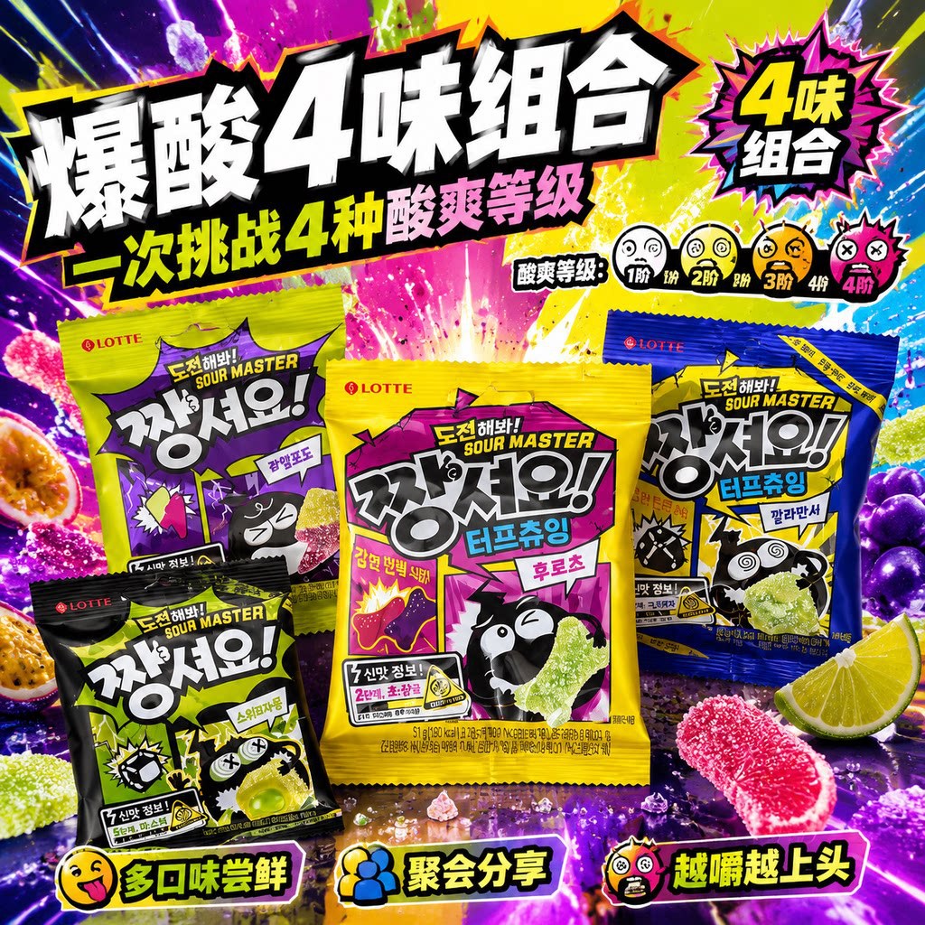 韩国乐天2阶酸味软糖混合水果味Q弹果汁橡皮糖进口儿童糖果51g