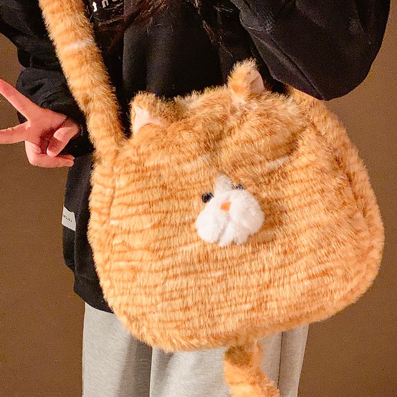 可爱毛绒猫咪包包女款大容量托特包斜跨单肩包手提包2024新款通勤