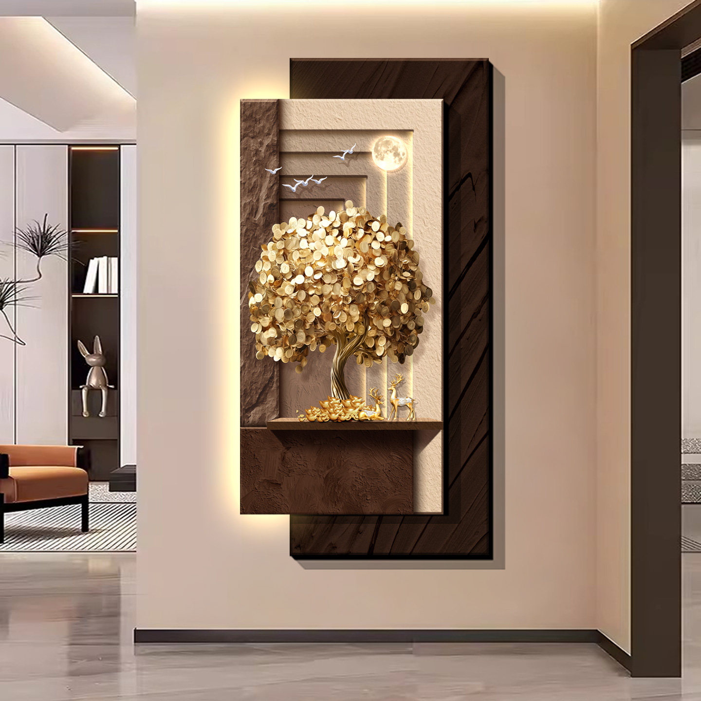 发财树入户门玄关装饰画现代轻奢高级感走廊过道挂画寓意好壁灯画